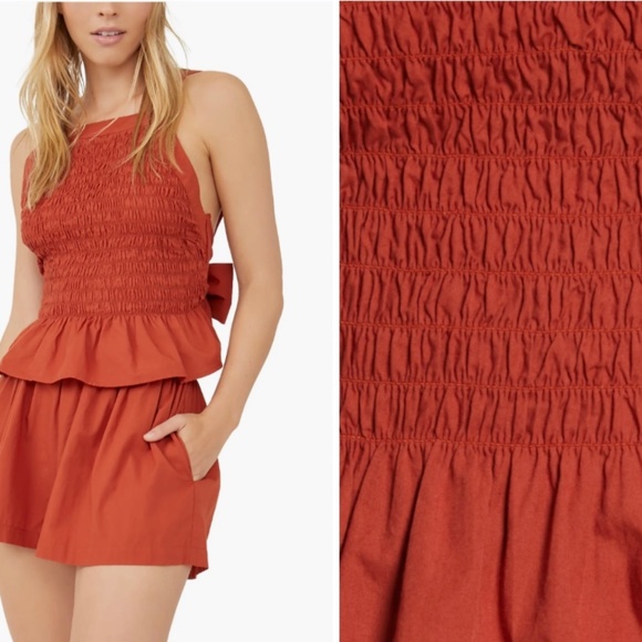 NWT Free People Fez Set Shorts & Tie Tank Smocked Camisole Top XS Spice Sunblush - Picture 6 of 7